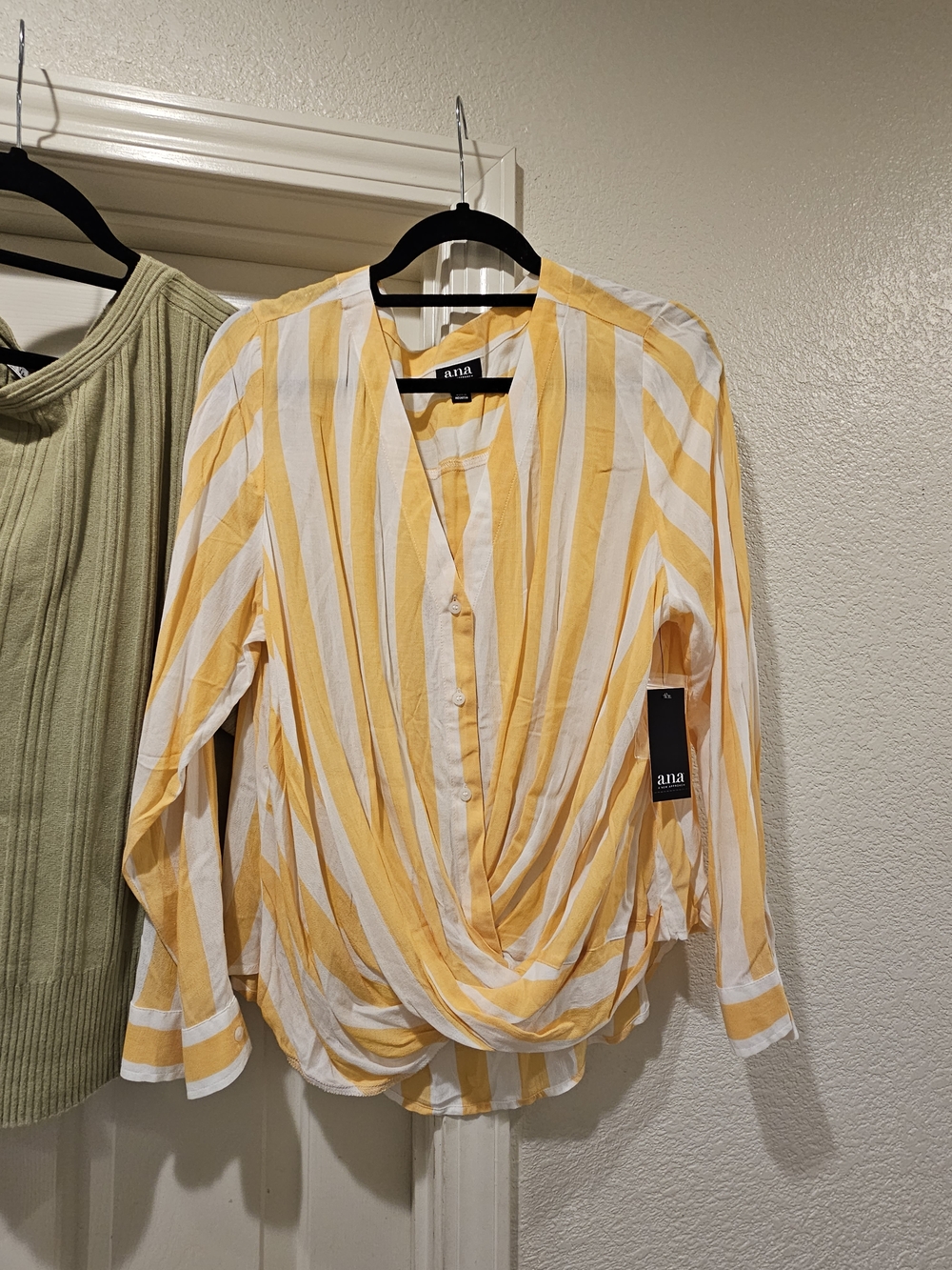 a.n.a Yellow and White Striped Twist-Front Long Sleeve Blouse - Picture 2 of 5